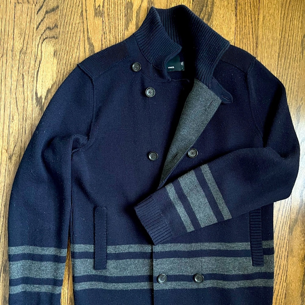 Vince Double Breasted Navy Blue Sweater Jacket with Grey Stripes